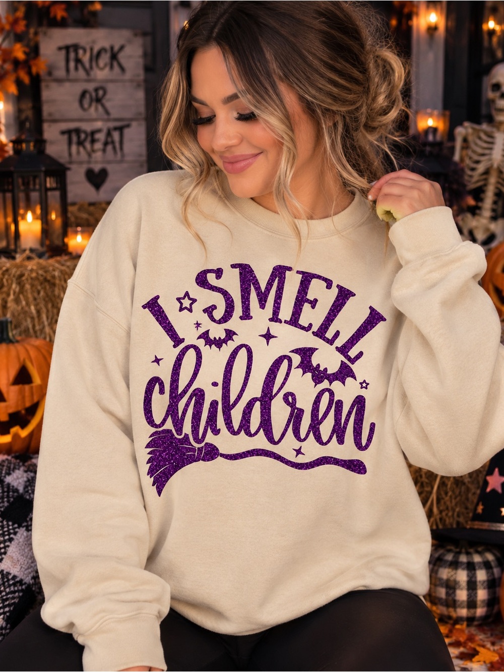 I Smell Children Cream Sweatshirt with Purple Glitter Graphic